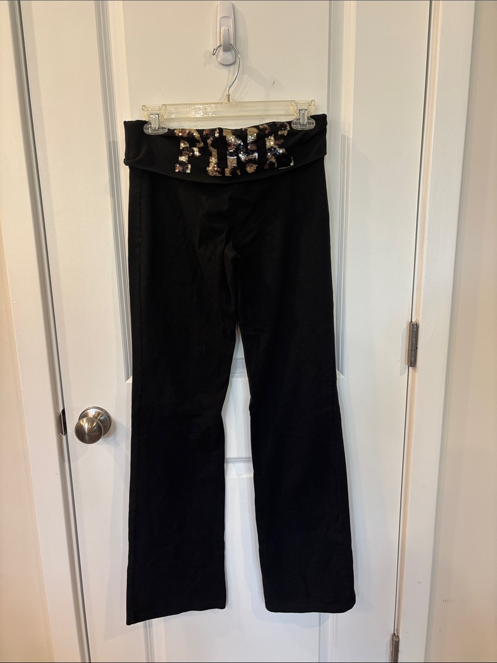PINK Victoria's Secret Black Fold-Over Bootcut Pants with Sequin Logo